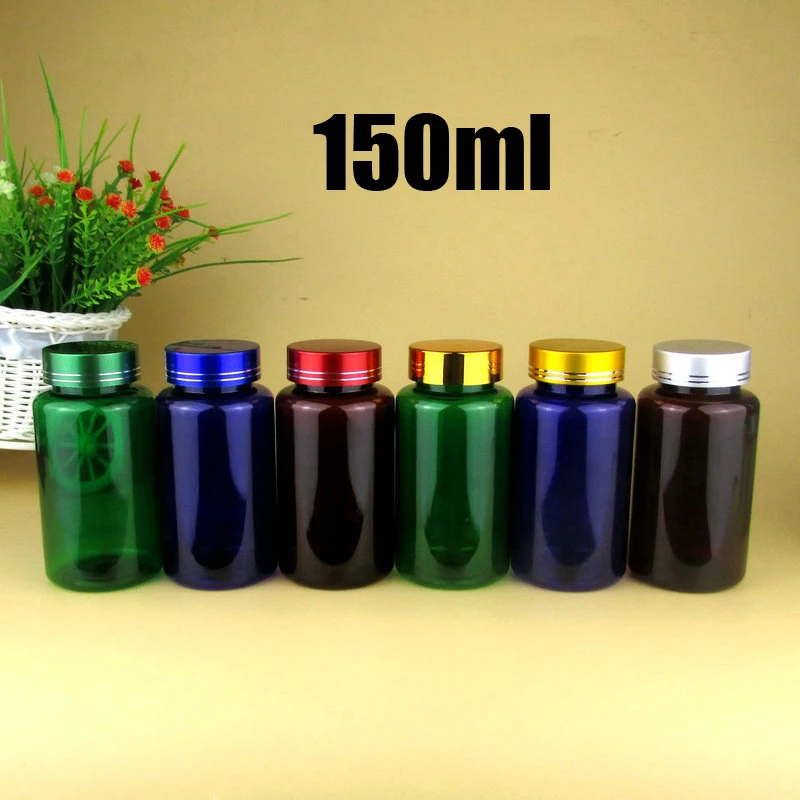 100pcs 150ml Translucent PET Bottles, Medicine/Capsules/Pills/Powder/Vitamin Plastic Bottles--6 Colors Metal Caps