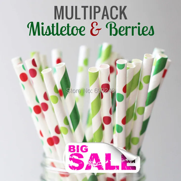 125 Pcs Mixed Colors Mistletoe & Berries Christmas Paper Drinking Straws, Kelly Green and Lime Striped and Red Green Polka Dot