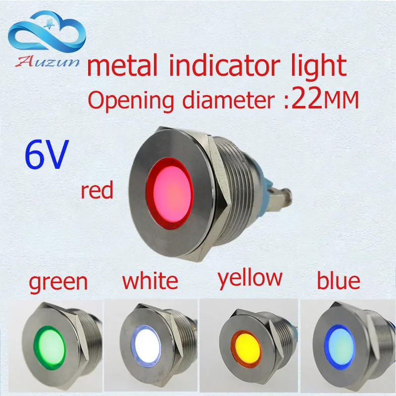 10 PCS LED metal Indicator Lights 22mm metal flat light warning car light 6v red green yellow blue and white