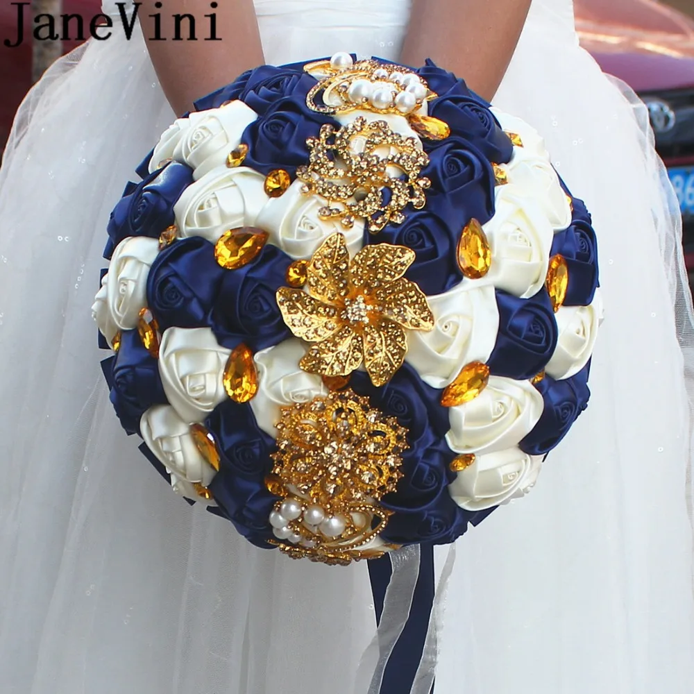 

JaneVini Luxury Navy Blue Flowers Bridal Bouquet De Fleur Artificiell Bruids Boeket Gold Crystal Diamond Bride Wedding Bouquets