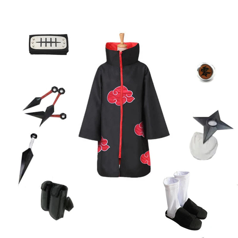 Brdwn Unisex Akatsuki Ninja Pein Cosplay Costume Full set( Red Cloud Cloak+Headband+Shoes+Accessories)