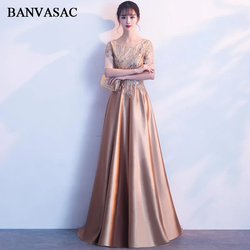 

BANVASAC 2018 O Neck Sequined A Line Gold Long Evening Dresses Vintage Lace Party Half Sleeve Satin Prom Gowns