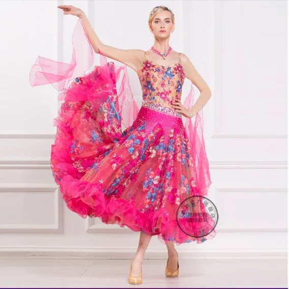 High quality colorful embroidery flower long mesh sleeve adult Ballroom Fox trot  tango Modern Waltz competition Dance  Dress