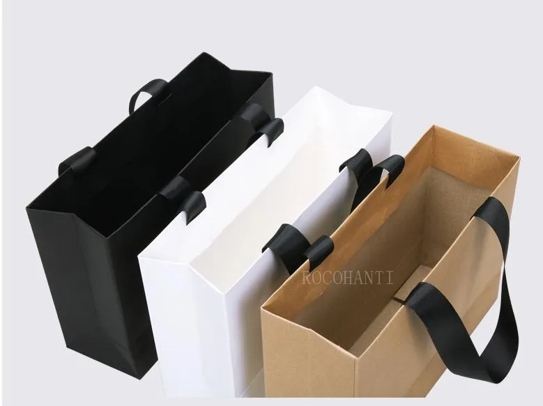 50pcs Custom Logo Paper Shopping Bag With Ribbon Handle for Clothing Gift Packaging Bag Sacola De Papel