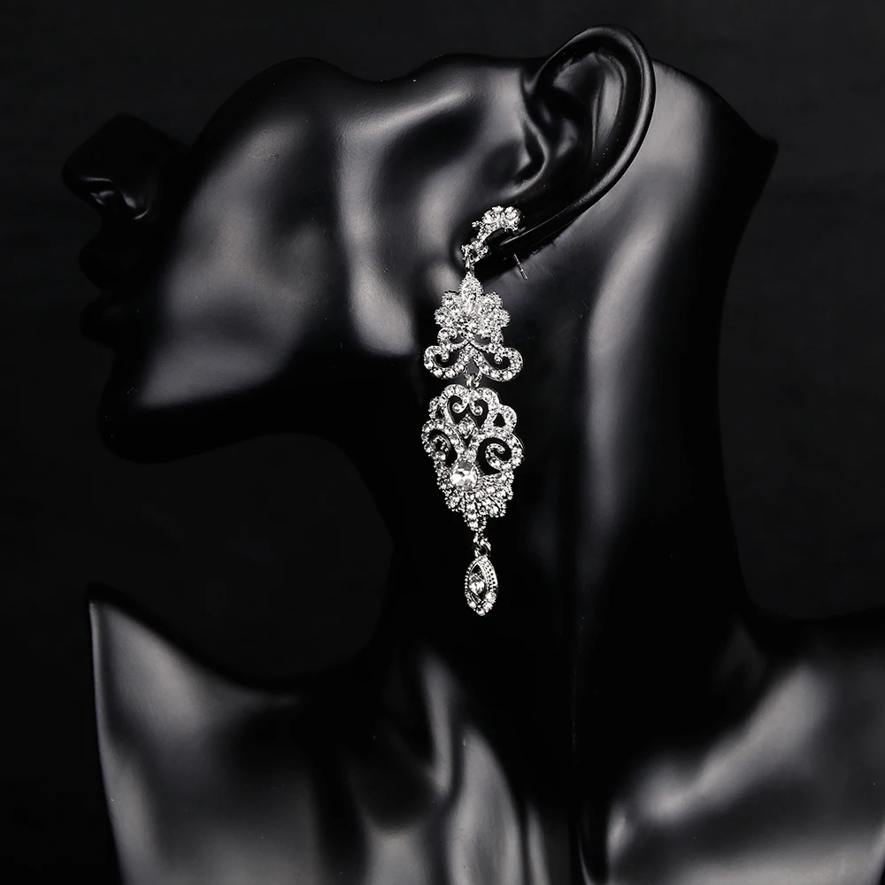 BLIJERY Luxury Chandelier Earrings for Women Silver Color Rhinestone Crystal Floral Bridal Long Earrings Bridal Wedding Jewelry