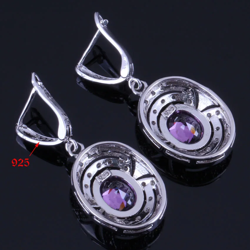 Gallant Oval Egg Purple Cubic Zirconia White CZ Silver Plated Jewelry Sets Earrings Pendant Chain Ring V0273