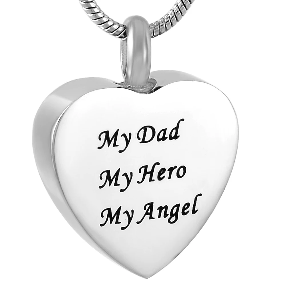 IJD9788 Heart Memorial Ashes Urn Necklace 316L Stainless Steel Cremation Pendant Necklace MY Dad My Hero My Angel Engraved Urn