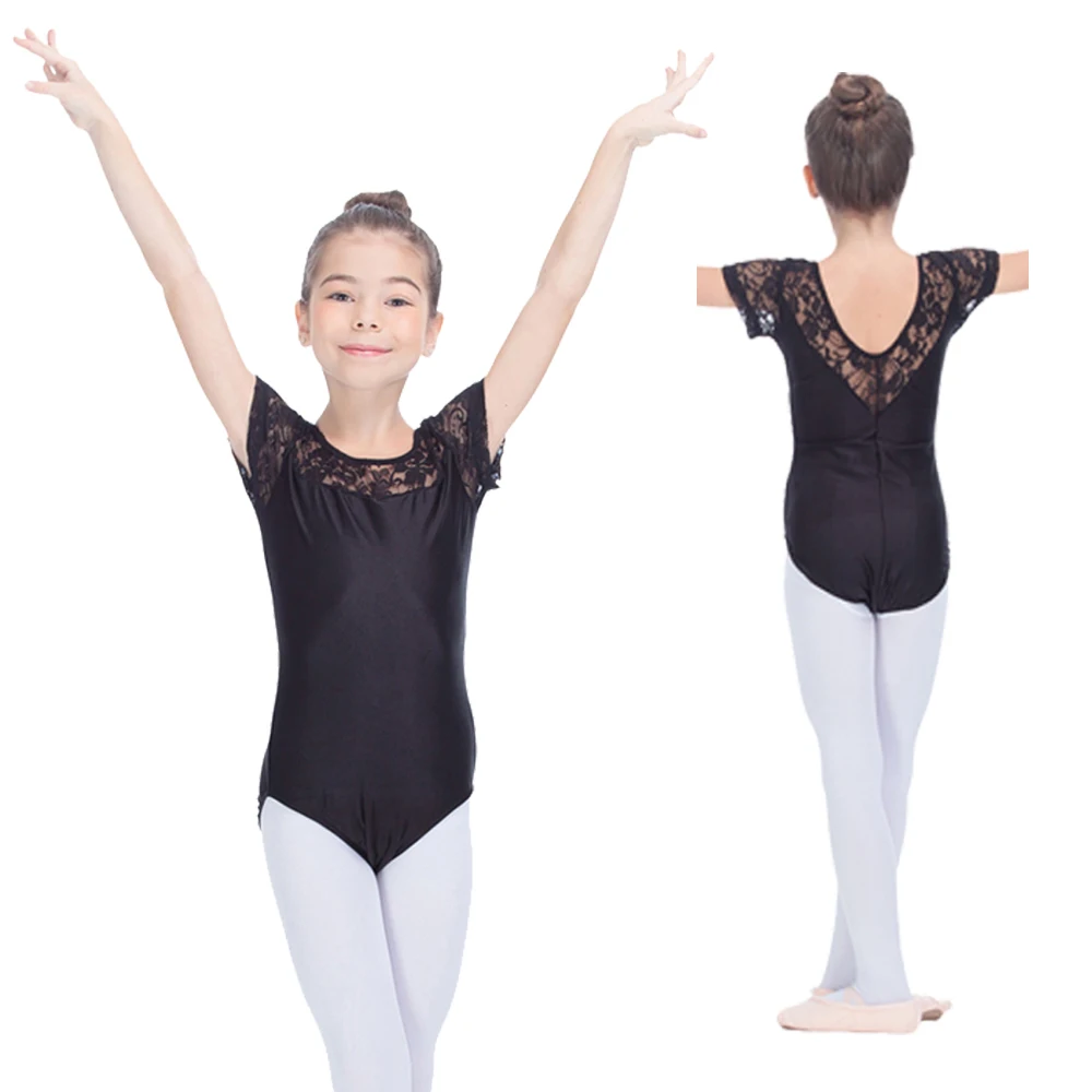 

Black Shiny Nylon/Lycra Ballet Leotard with Lace Cap Sleeve Girls Dance Costume Kids Gymnastics Dancewear