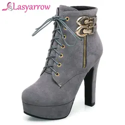 Lasyarrow Plus Size Ankle Boots Women Platform High Heels Lace Up Buckle Shoes Thick Heel Short Boot Ladies Zipper Footwear F739