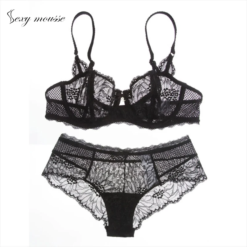 sexy moussebras and panty sets for women intimates underwear push up lace transparent red black lingerie back closure unlined