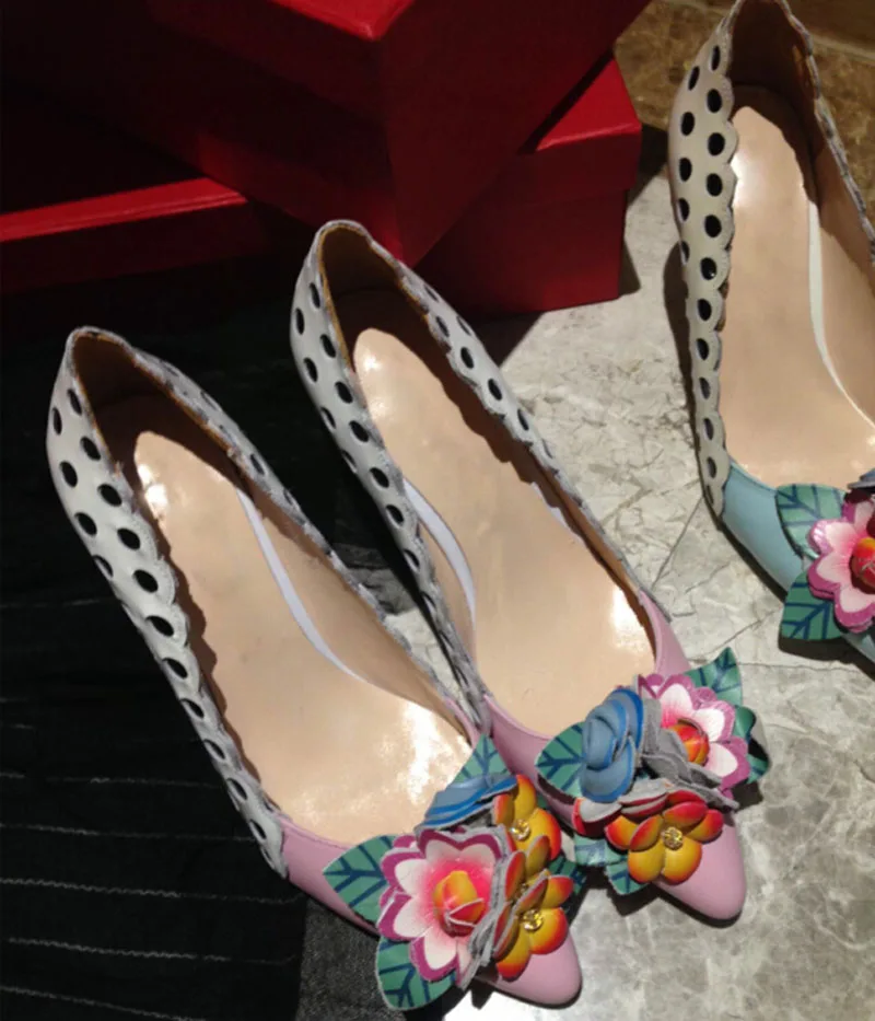 Beauty Bright Colors Flowers Leaves Sandals Ankle Strap Woman Polka Dot Stripe Stiletto High Heel Summer Party Sandalia Shoes