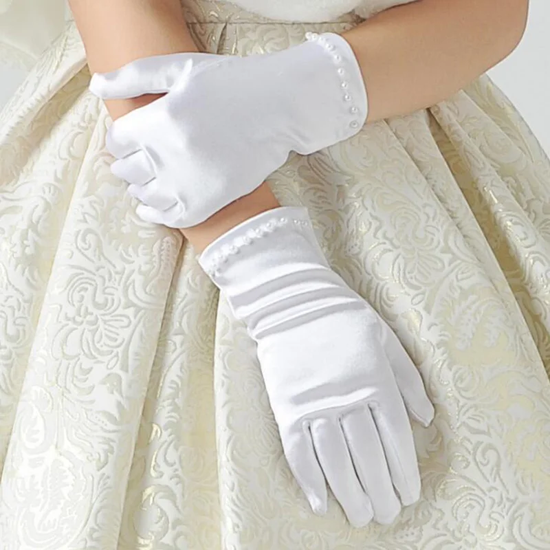 Kids Gift White Elastic Girls formal Etiquette Gloves Pearl Short Lace Bow Halloween Christmas Children Princess Dance Glove G64