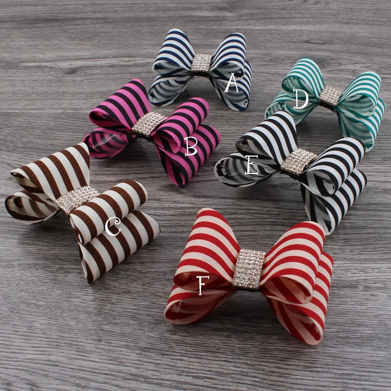 

120pcs/lot 3.2" 6color Hair ClipS Luxe Striped Hair Bows Rhinestone Button Handmade Hard Satin Bow For Kids Hair Accessories DIY