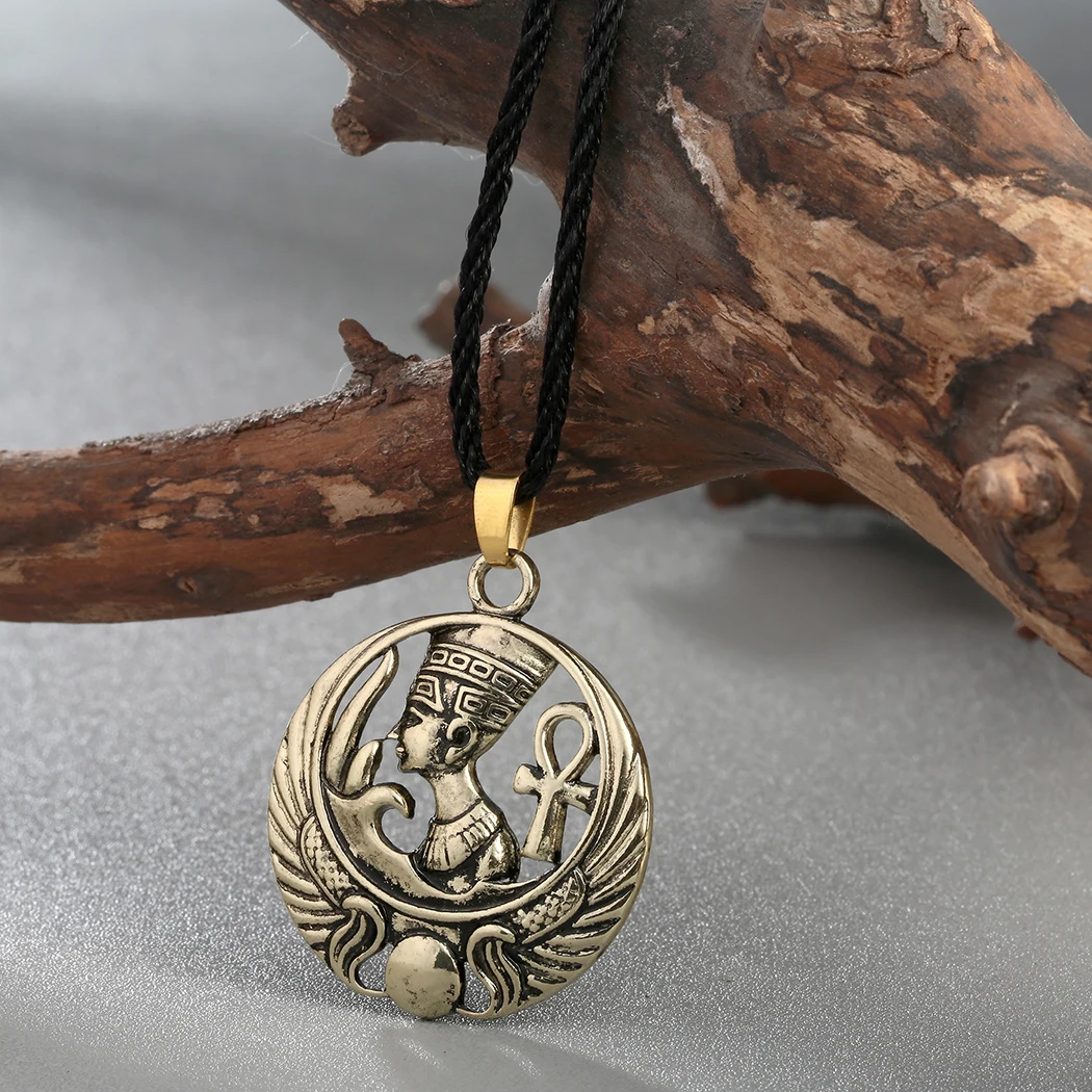 Cxwind Ancient Egyptian Queen Necklace Pendant Vintage Color Egypt Nefertiti Head Portrait Ankh Cross Wing Necklaces Jewelry