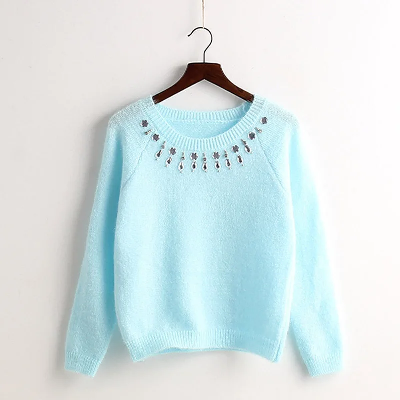 

2020 Spring Autumn Winter Fashion Design Simple Beading O-neck Long Sleeve Knitted Sweaters Women Elegant Casual Pullover SW271