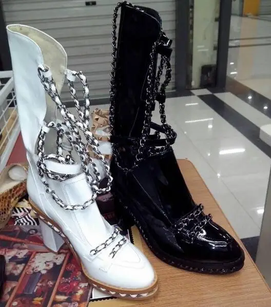 Punk Style Black Patent Leather Silver Chain Ankle Boots Ankle Boots For Women Chunky High Heel Ridding Boots High Quality