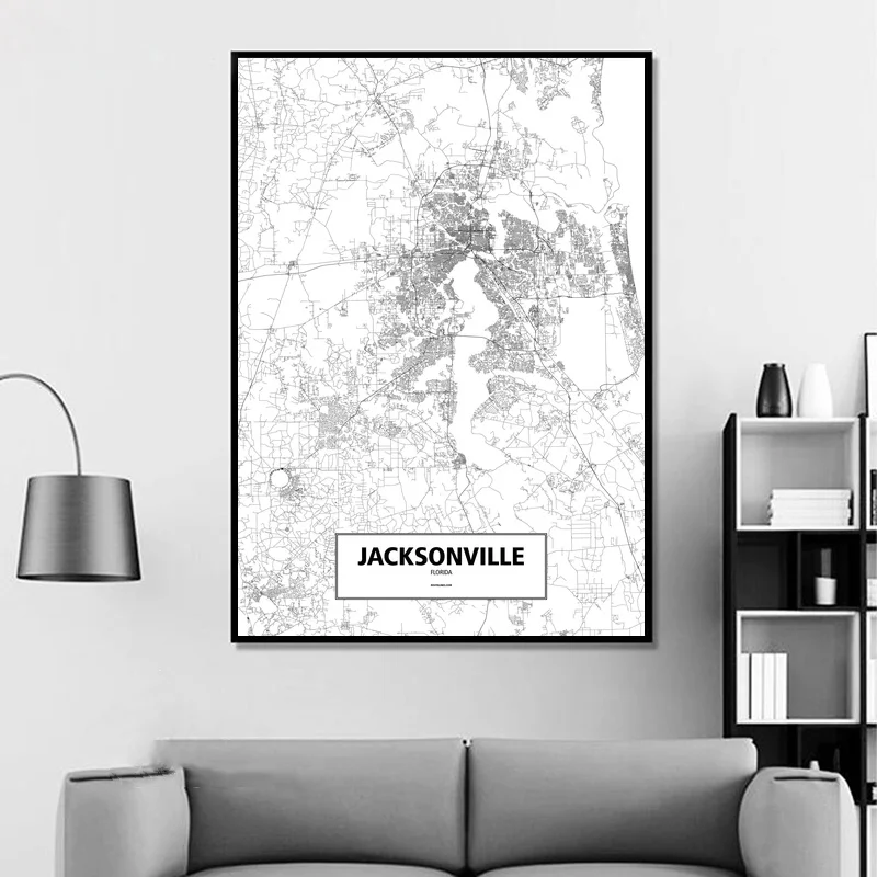 JACKSONVILLE, FLORIDA, UNITED STATES Black White Custom World City Map Poster Canvas Print Nordic Style Wall Art Home Decor