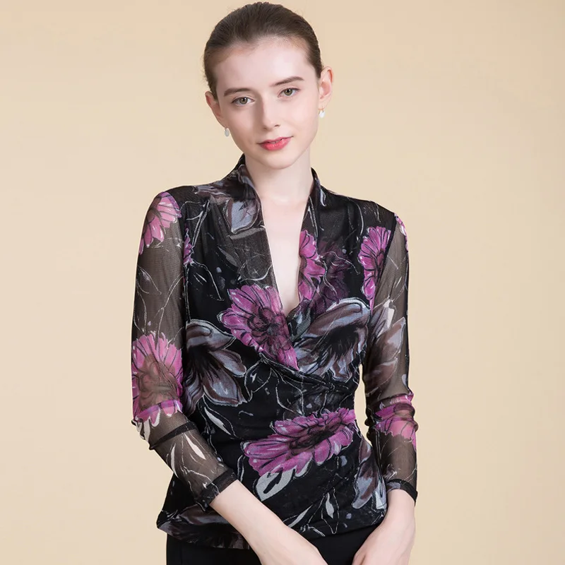 2019 Spring New 100% Nature Silk Shirt Ladies' V Neck Sweater Double Silk Printed Double Bottom Jersey Jacket