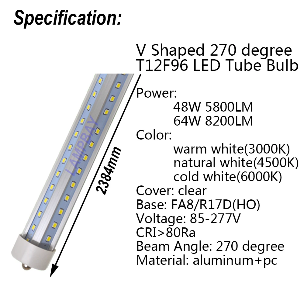 LED Tube Lights V Shaped 270 Angel Bulb 8 feet 2.4m 48W 64W FA8 R17D(HO) T8 T12 F96 Fluorescent Lamp Super Bright