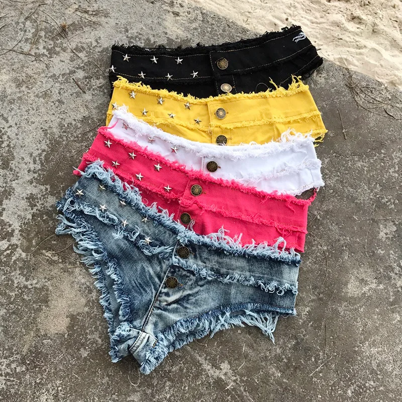 2019 เซ็กซี่ Booty Cheeky Denim บิกินี่ Micro Mini กางเกงขาสั้นยีนส์สามเหลี่ยมต่ำเอวผอมสั้น Shorty ร้อน Clubwear