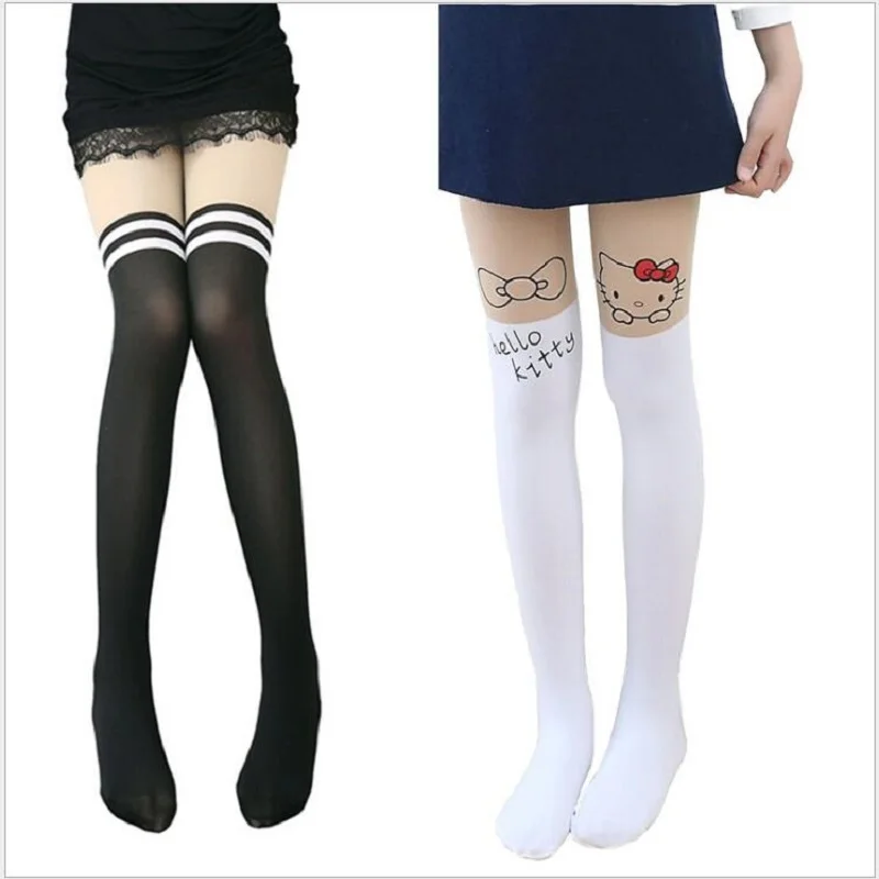 ฤดูร้อนเด็กทารกเด็กหญิงบาง Tights Pantyhose เข่าปลอม TATTOO กำมะหยี่ถุงน่องสีขาวการ์ตูน Kitty Cat 3-8Y ใหม่