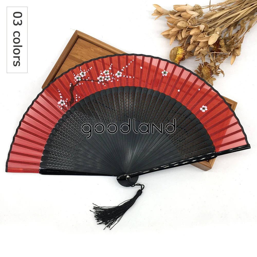 Free Shipping 10pcs Silky Bamboo Folding Hand Fan Wintersweet Flower Red Bamboo Pocket Fan Wedding Favors Matrimonio