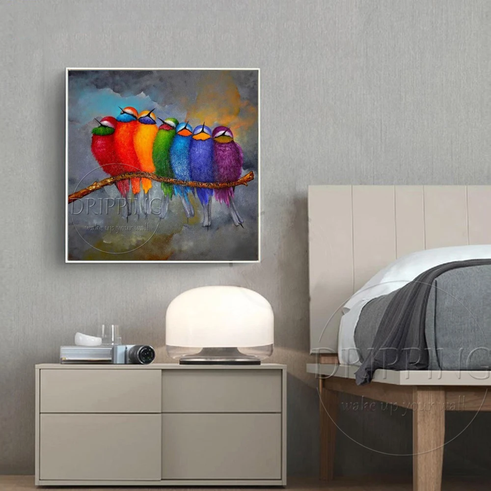 Funny Design Colorful 7 Birds Stay on Branch Oil Painting on Canvas Funny Abstract Birds Oil Painting for Living Room Decoration