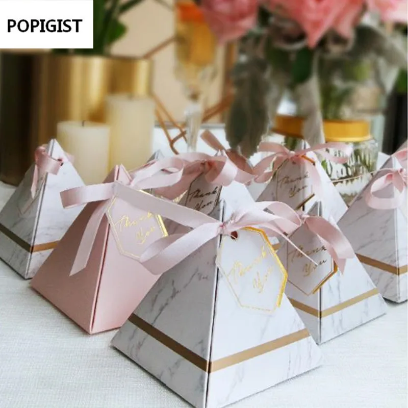 

New Creative Marble Pattern Triangular Pyramid Wedding Favors Candy Boxes Party Gift Box Bomboniera Giveaways Boxes 50