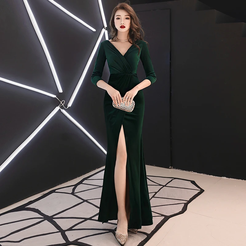 Robe de soirée longue en velours vert personnalisée, manches longues, robe de Rh, robe éducative, WY1319, 123