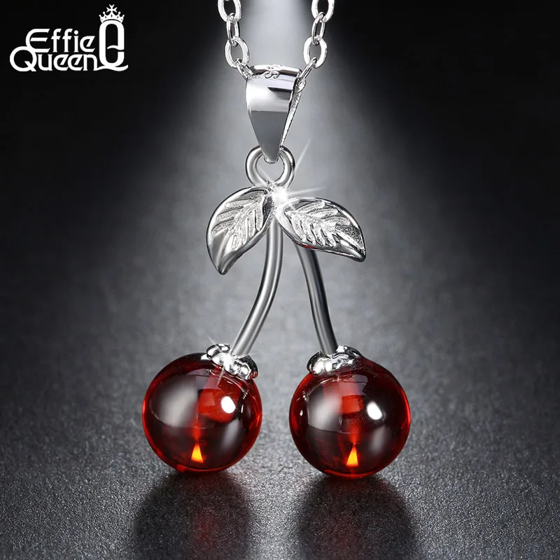 Effie Queen Real 925 Sterling Silver Necklaces with Red CZ Stone Cherry Pendant Fashion Jewelry Statement for Women BN03