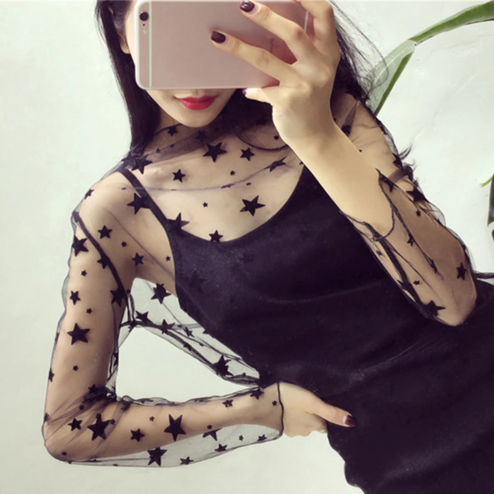 

2019 Explosion models summer female wild sexy party fashion black lace perspective mesh loose bottoming long-sleeved shirt
