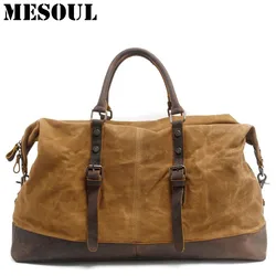 Waterproof Duffel Bag men Canvas Carry On Weekend Bags Vintage Military Shoulder Handbag Leather Travel Tote Large Overnight Bag