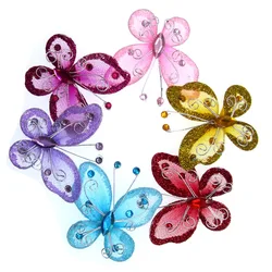 10Pcs Organza Mesh Wire Butterflies Glitter Rhinestone Butterfly Charm For Wedding Stakes Party DIY Decorations 5.2 x 5.6cm