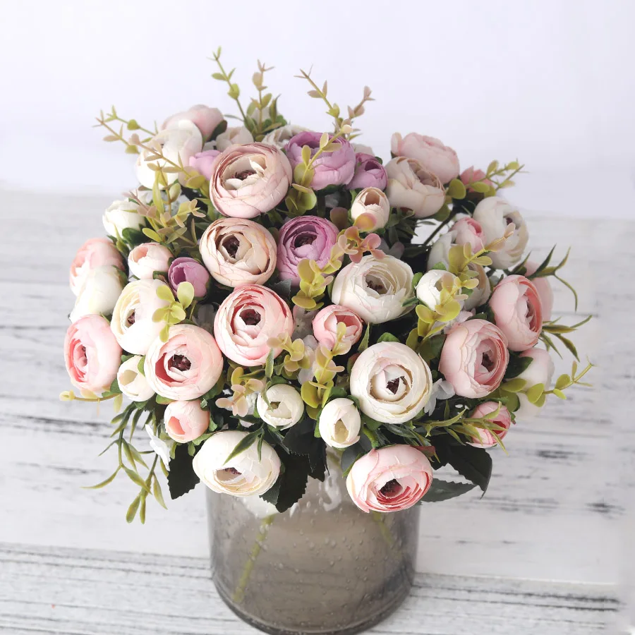 InjTea-Bouquet de roses artificielles vintage, 6 têtes, 4 petits bourgeons, fausses fleurs rétro pour mariage, maison, décoration de fête, bricolage, européen