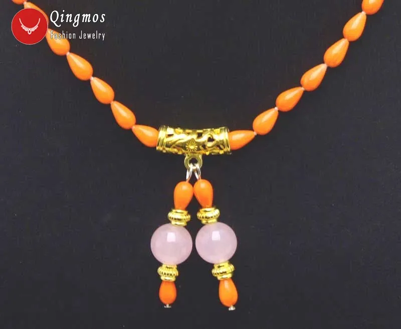 Qingmos Trendy Orange Coral Chokers Necklace for Women with 5*9mm Drop Natural Coral and Jades 17