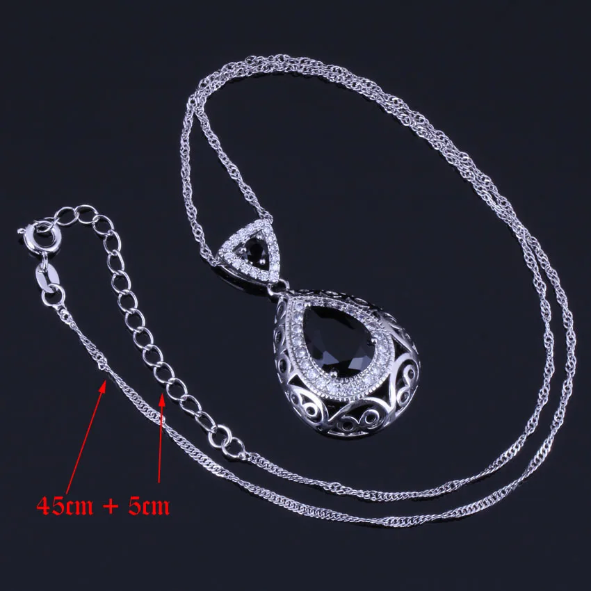 Water Drop Black Cubic Zirconia White CZ Silver Plated Jewelry Sets Earrings Pendant Nacklace Chain Ring V0316