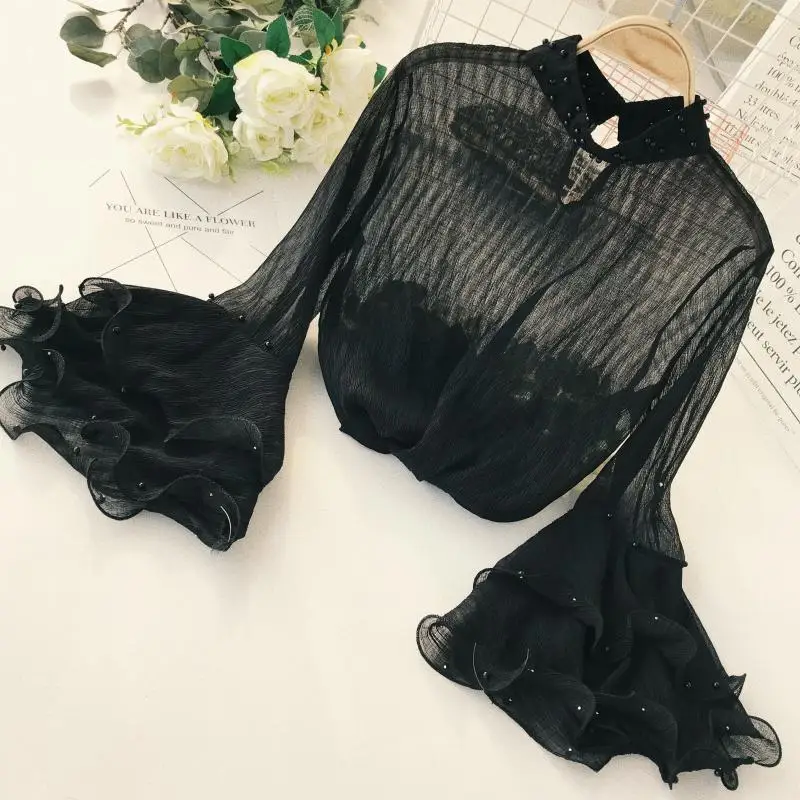 2018 autumn new female stand collar beading ruffles slim shirts women\'s flare sleeve vintage elegant blouses women top