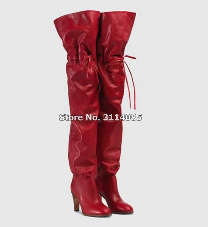 Top Brand Women Over-the-knee Motorcycle Boots Red Black Solid Color Lace-up Thigh High Gladiator Dress Boot Fall Winter Shoes