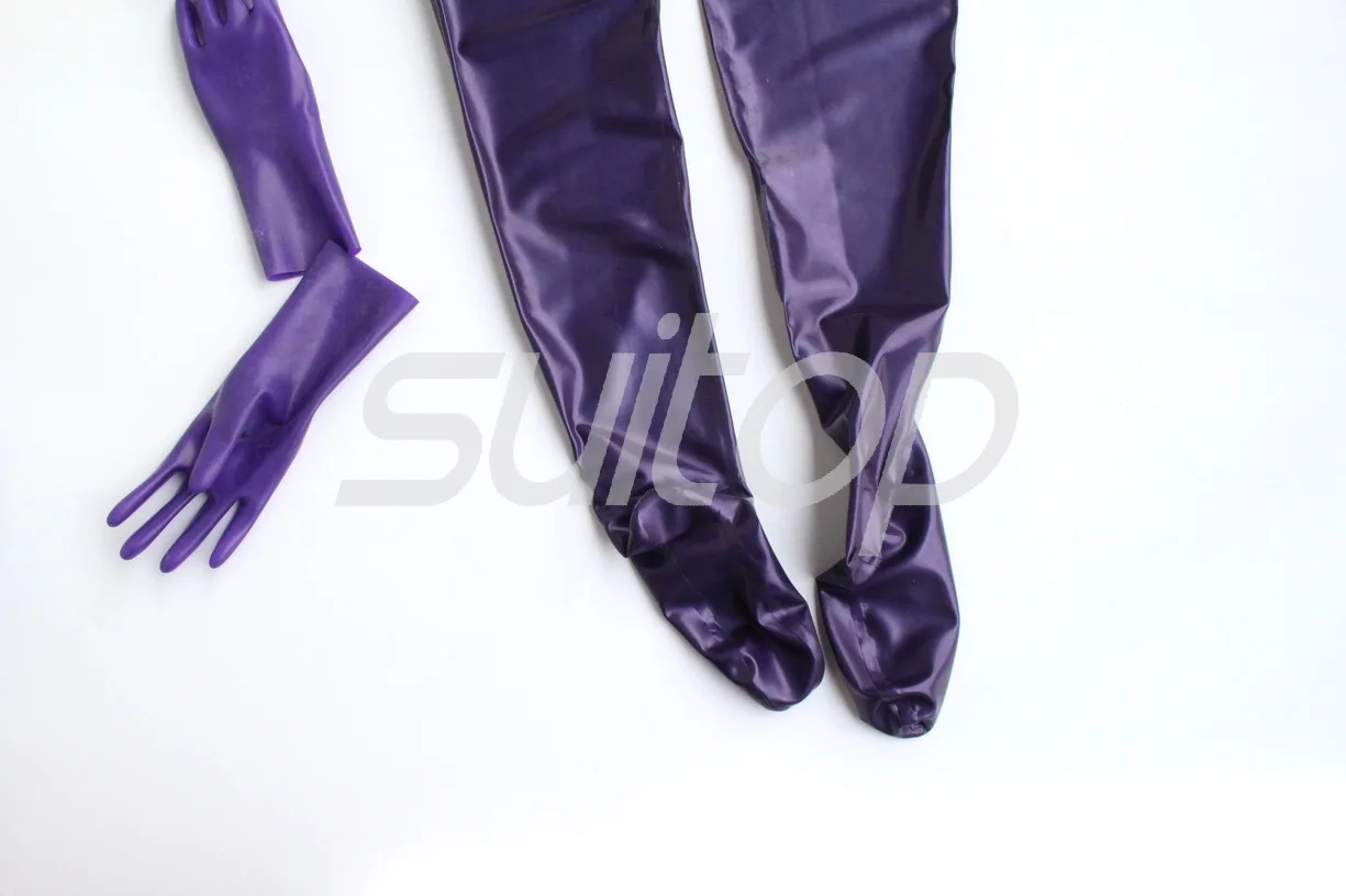 Zentai-cubierta completa de látex con cremallera trasera, calcetines, capuchas, guante, extraíble, agujero de pelo púrpura metálico