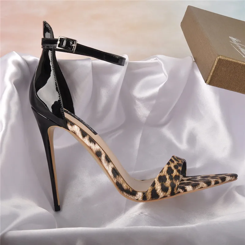 Onlymaker Women Peep Toe 12cm Ankle Strap Pointy  Leopard Sandals Stilettos  Party Thin Heels Summer Sandals