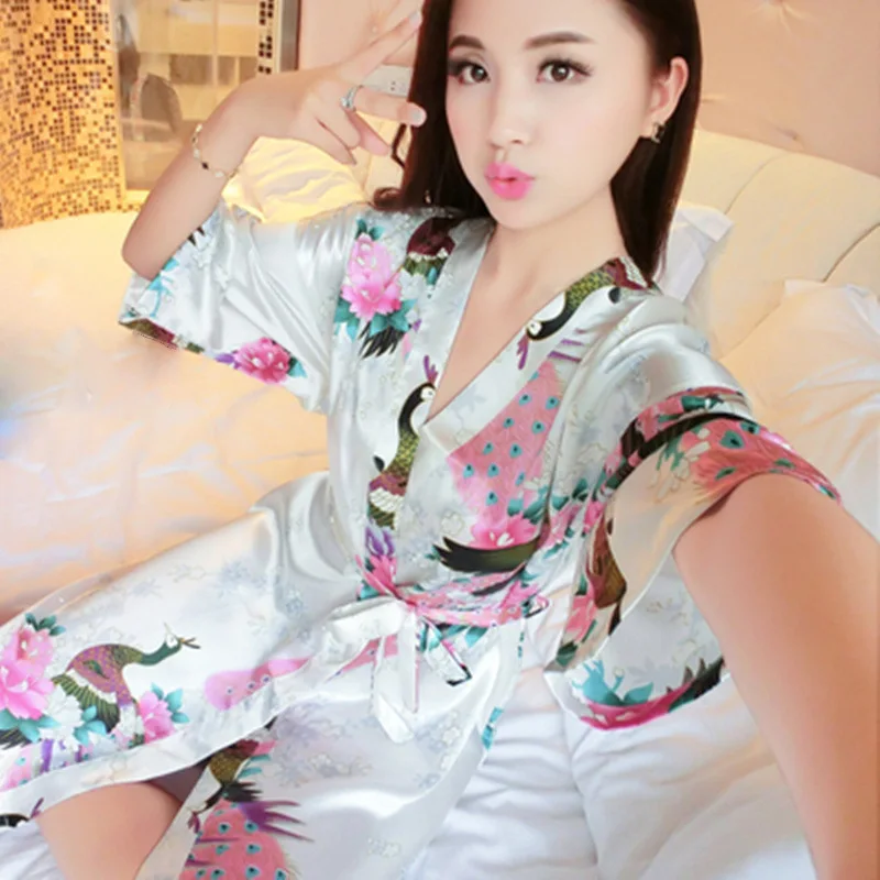 

Women's sexy silk satin kimono robe bathrobe baby dress underwear nightdress animal print long bathrobe robe home service