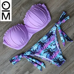 Kobiety strój kąpielowy Frilled teksturowane zestaw Bikini bez ramiączek stroje kąpielowe damskie wyściełane niskie marszczenie w talii Bandeau Bikini krótki strój kąpielowy