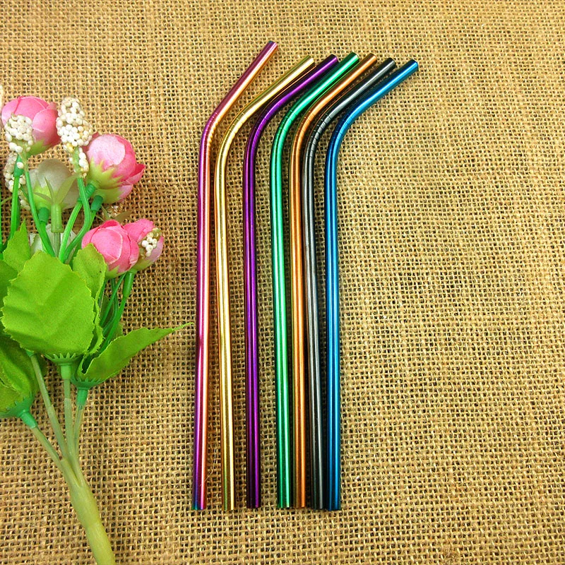 

100pcs Metal Curve 6MM Drinking furtacor Straw Black Eco-Friendly Bend Stainless Steel With Rainbow Brush Food Grade Bar