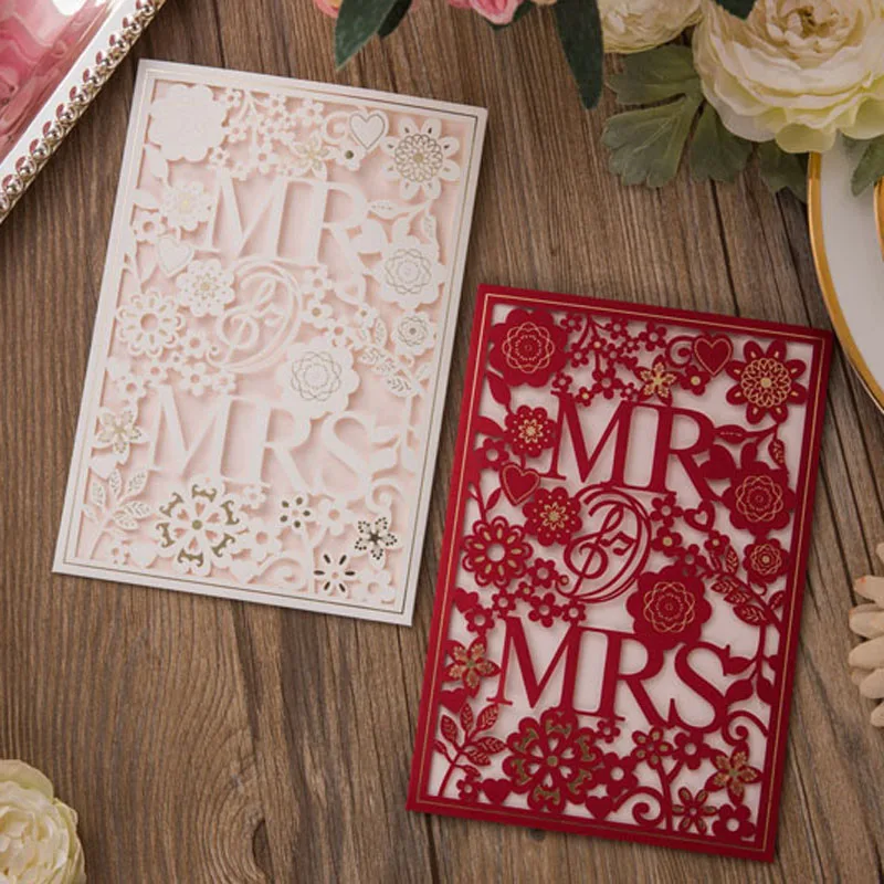 50Pcs White Red Laser Cut MR And MRS Marriage Wedding Invitation Card Hollow Customized Printing Invitation Card Party Supplies