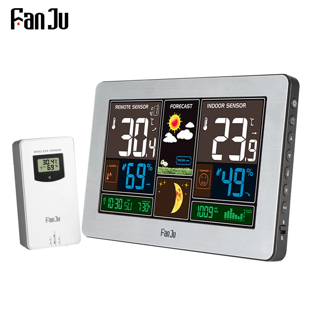 FanJu FJ3378 stazione meteorologica Wireless orologio digitale da parete barometro termometro igrometro sensore previsioni Display LCD colorato