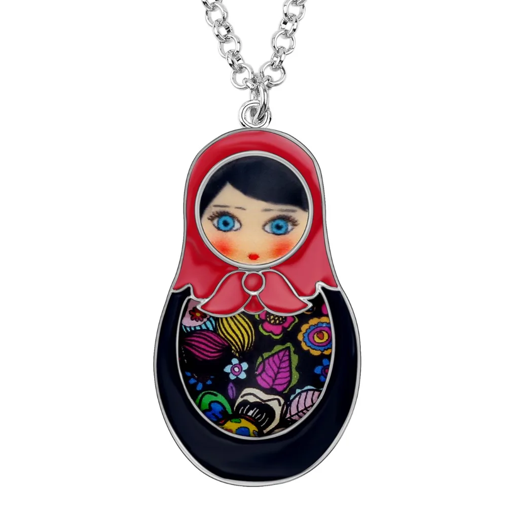 Bonsny Enamel Alloy Matryoshka Russian Doll Necklace Pendant Chain Choker Floral Ethnic Jewelry For Women Girls Teens Gift Party image 3