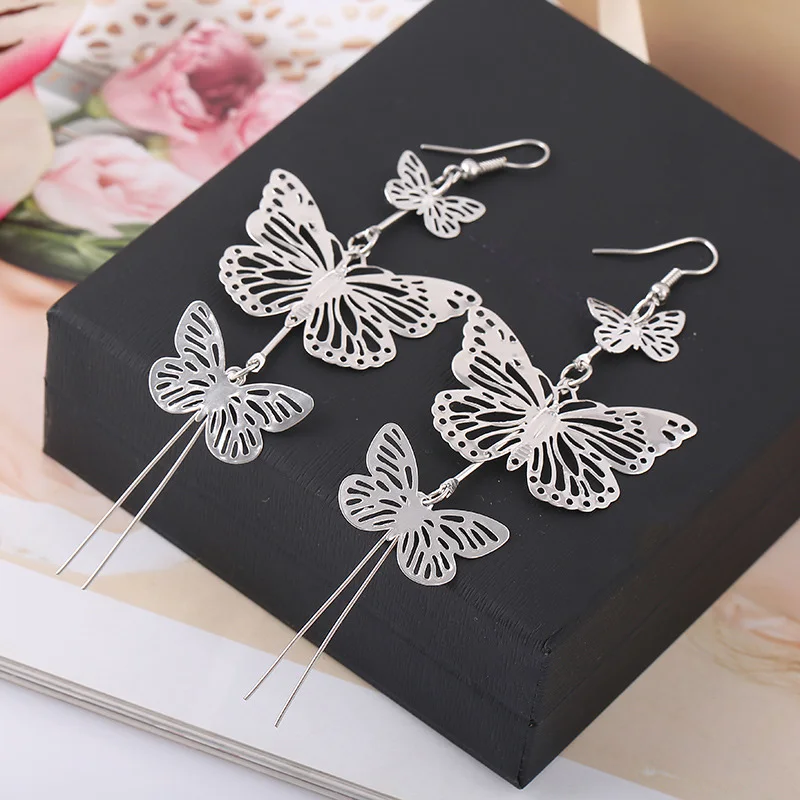 Grace Jun New Design 3 Butterfly Shape Tassel Clip on Earrings Wihtout Piercing for Women Fashion Luxury Big Statement Earrings