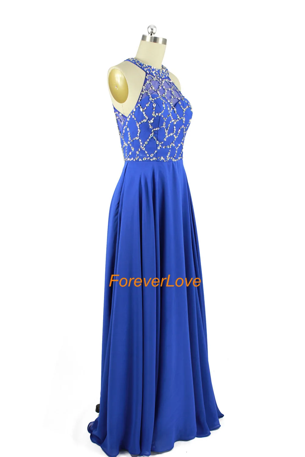 Vestido largo azul de gasa con cuentas de cristal, vestido de fiesta Formal de noche, línea A, hermoso Halter, 2016