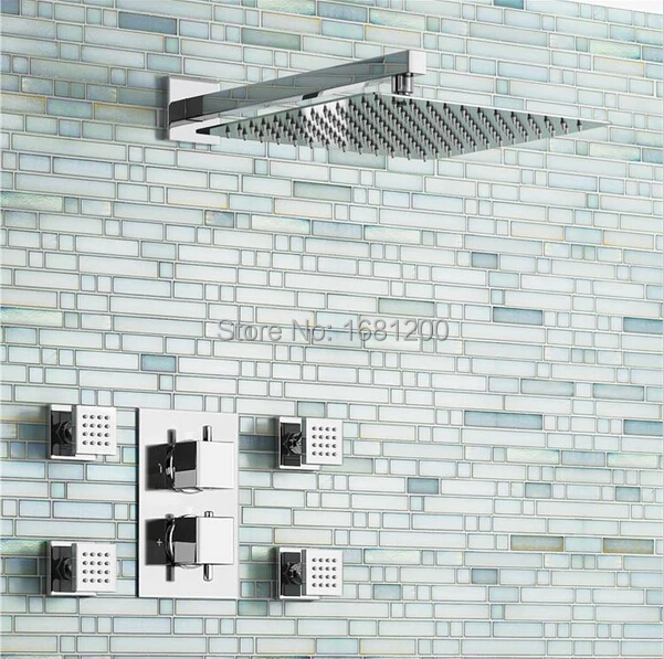 

12" Ultra Thin Square Thermostatic Shower Set With 4-Massage Body Jets Concealed Wall Mounted