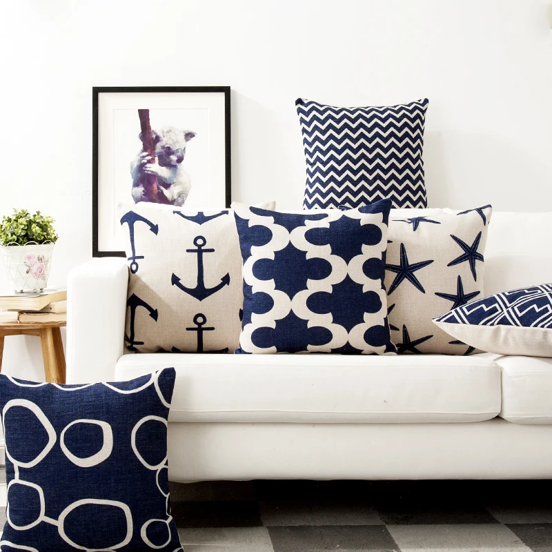 Blue Mediterranean Starfish Hippocampus Cushion Geometric Pillow Cover Home Decorative Sofa Office PillowCase